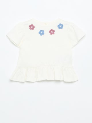 T-shirt a maniche corte con ricami e bordo a balze