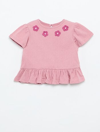 T-shirt a maniche corte con ricami e bordo a balze