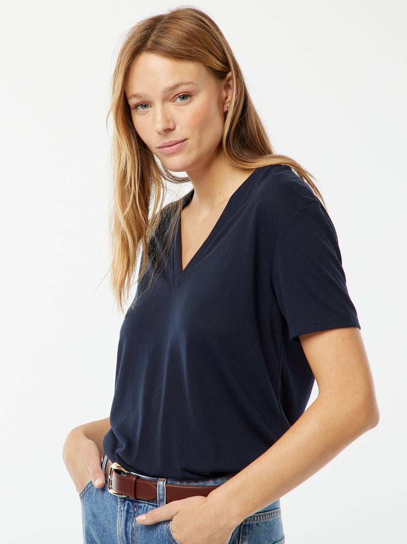 T-shirt a maniche corte con scollo a V blu - Kiabi