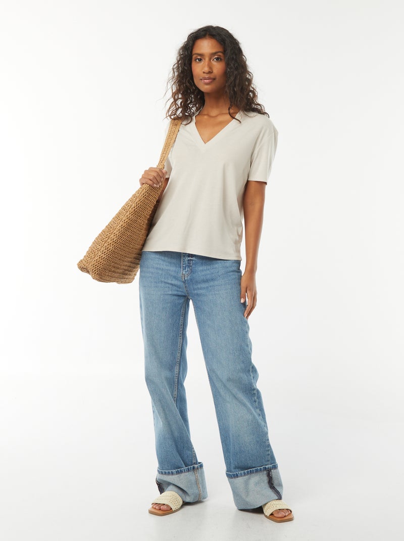 Maglietta da donna con scollo a V, alla moda, tinta unita, a maniche corte, con tasca larga, Grigio-1, 3XL