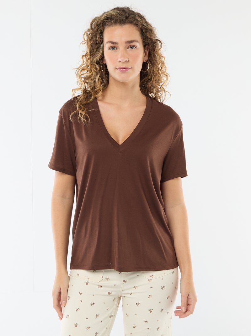 T-shirt a maniche corte con scollo a V Marrone - Kiabi
