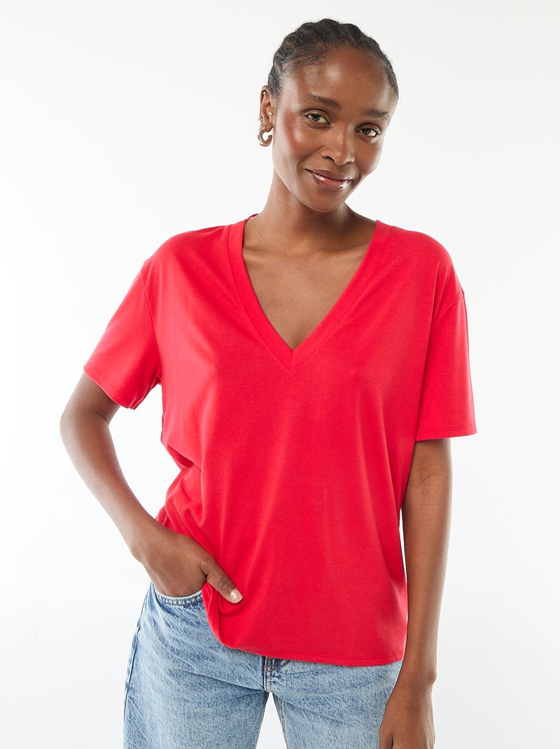 T-shirt a maniche corte con scollo a V Rosso - Kiabi