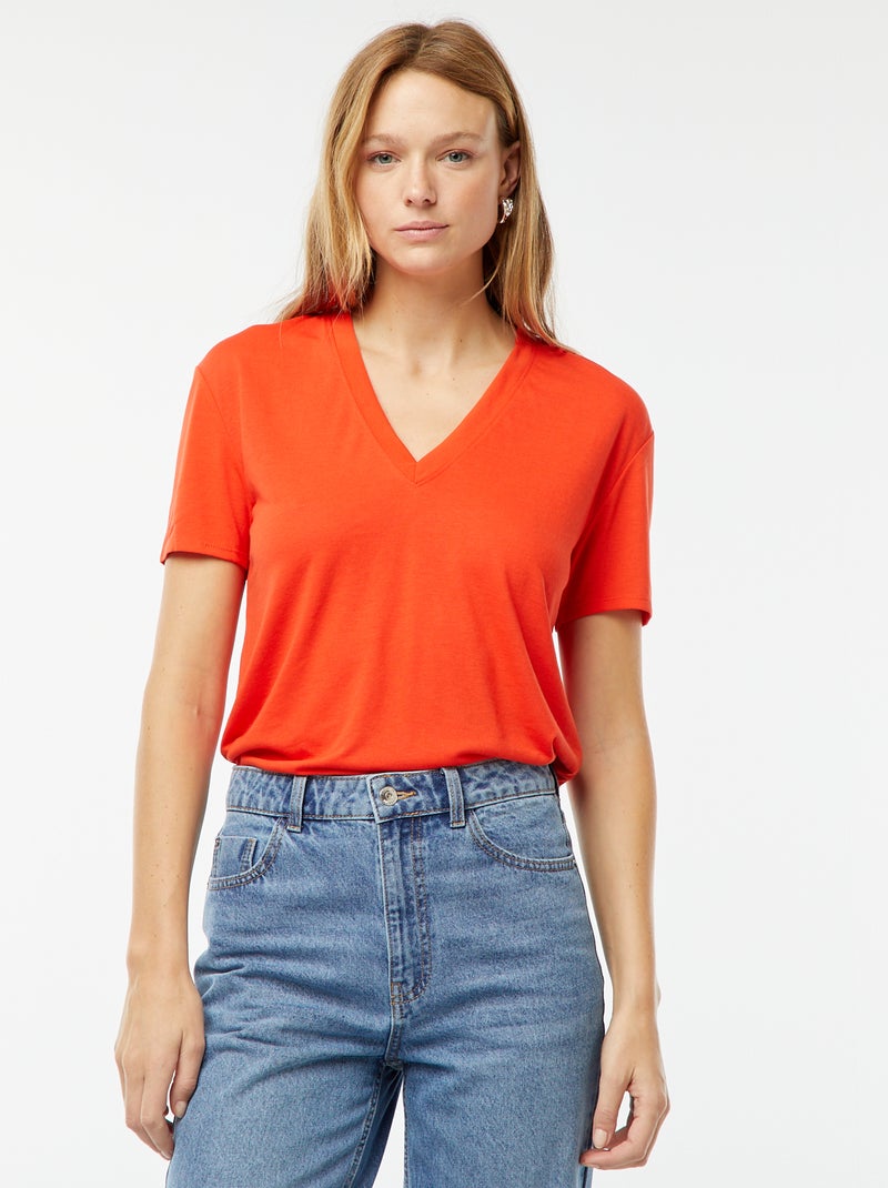 T-shirt a maniche corte con scollo a V rosso - Kiabi