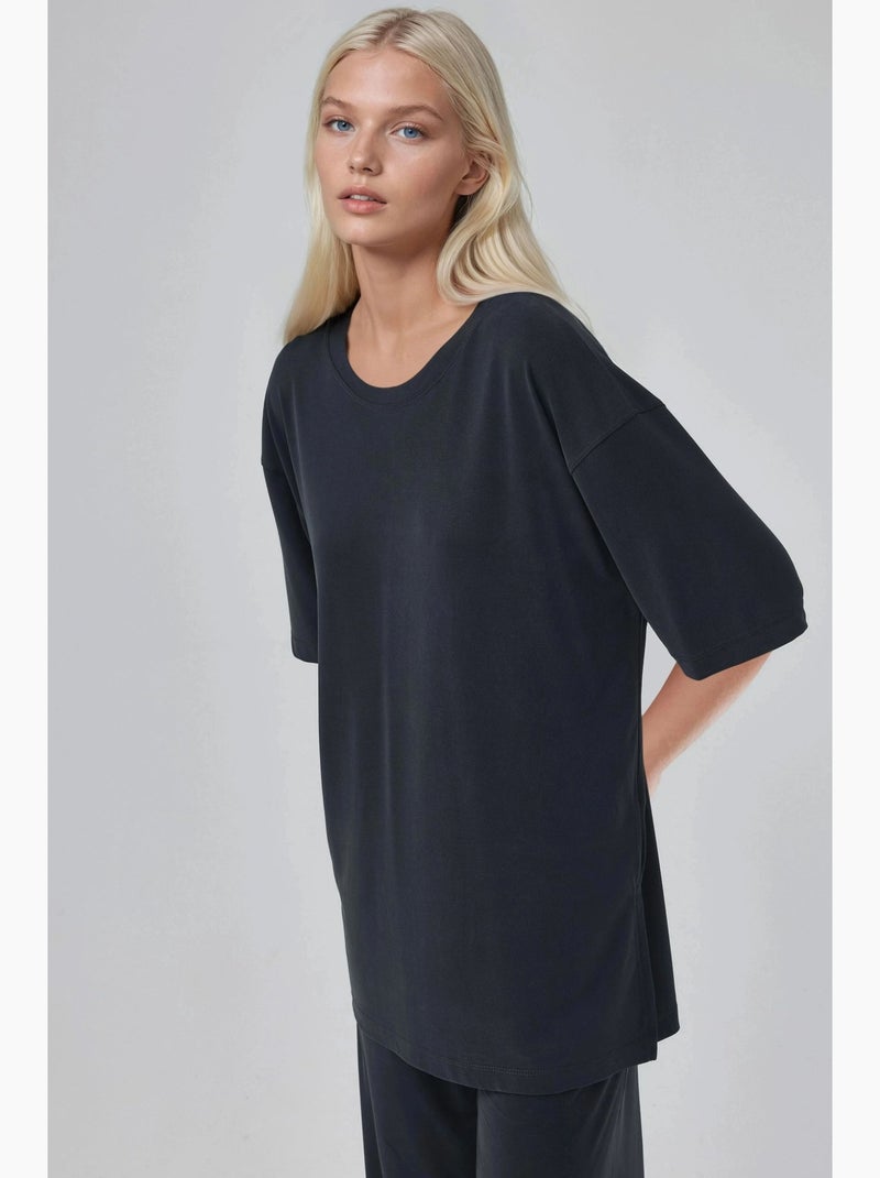 T-shirt a maniche corte con scollo rotondo e dettaglio con spacco busem Grigio nero - Kiabi