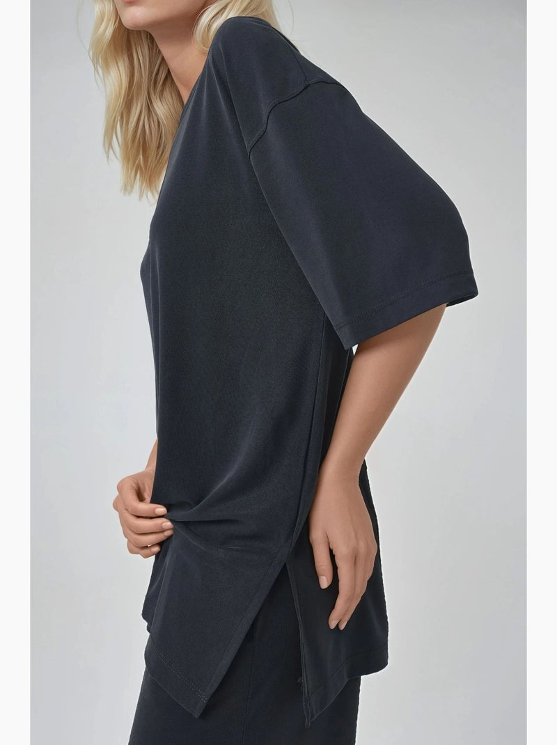 T-shirt a maniche corte con scollo rotondo e dettaglio con spacco busem Grigio nero - Kiabi
