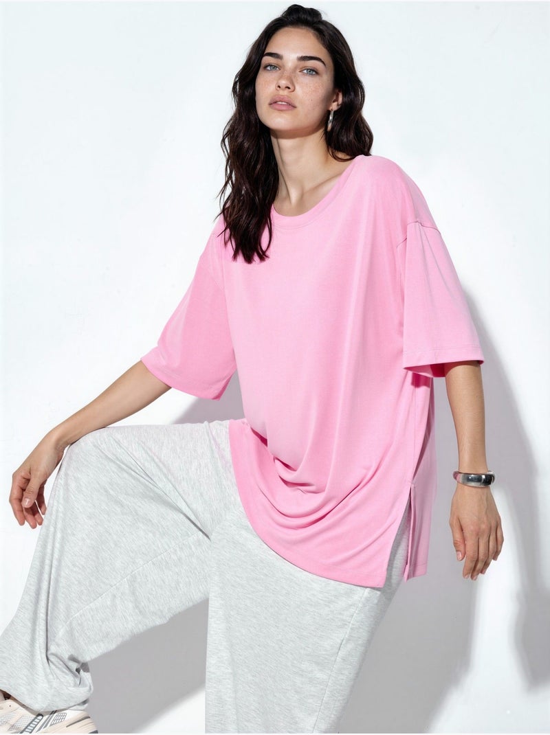 T-shirt a maniche corte con scollo rotondo e dettaglio con spacco busem Rosa - Kiabi