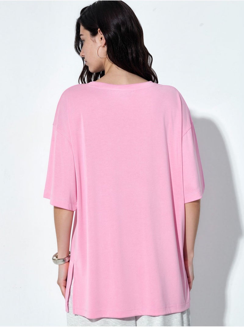 T-shirt a maniche corte con scollo rotondo e dettaglio con spacco busem Rosa - Kiabi