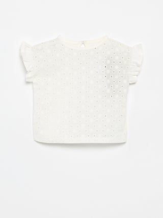 T-shirt a maniche corte con volant e ricami sangallo