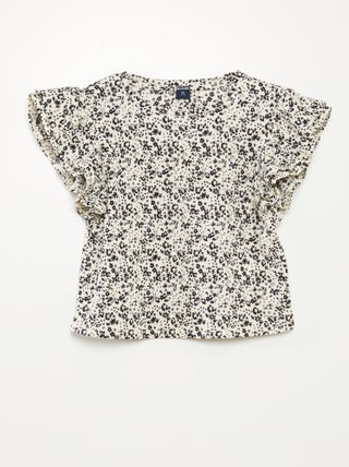 T-shirt a maniche corte con volant e scollo tondo con stampa