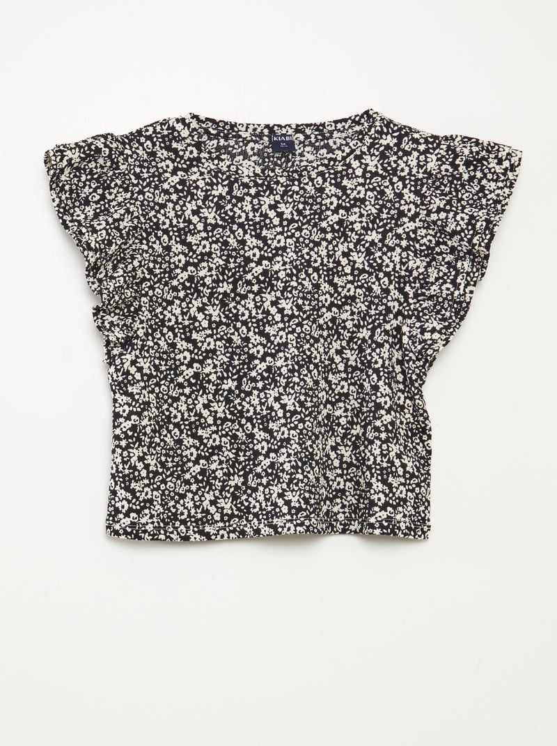 T-shirt a maniche corte con volant e scollo tondo con stampa NERO - Kiabi