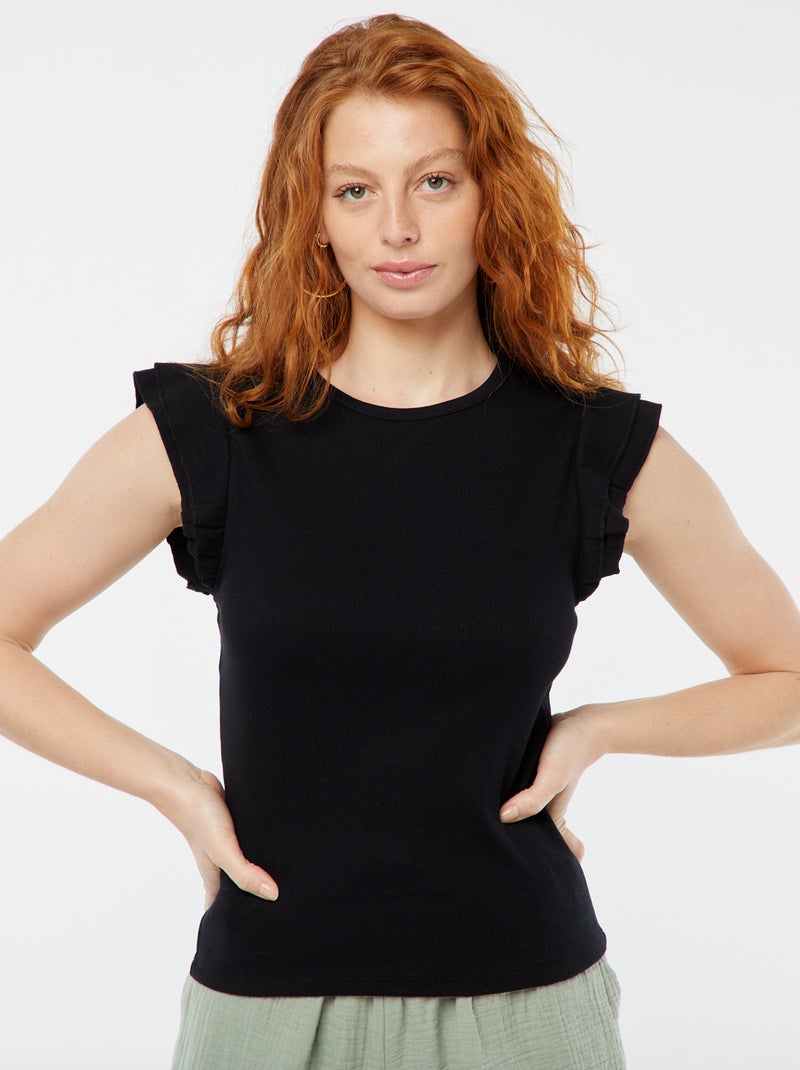 T-shirt a maniche corte con volant nero - Kiabi