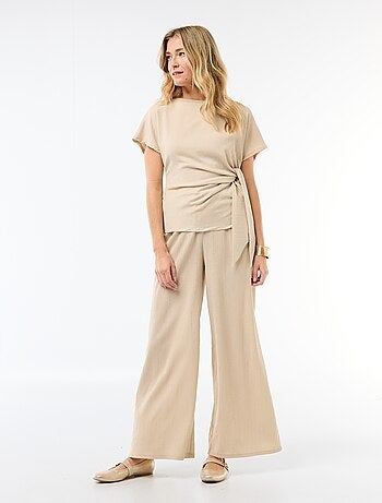 T-shirt a maniche corte drappeggiato con nodo in maglia crêpe