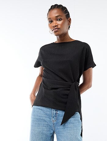 T-shirt a maniche corte drappeggiato con nodo in maglia crêpe