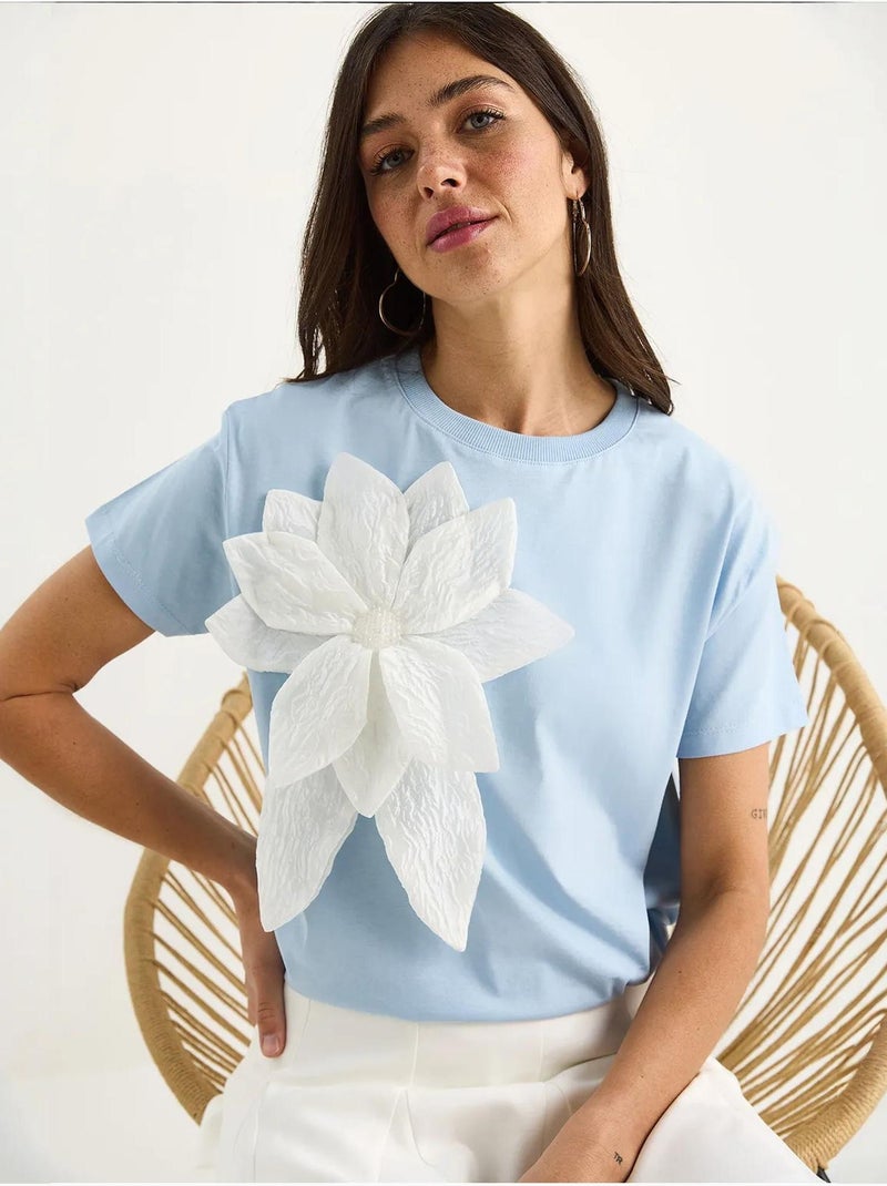 T-shirt a maniche corte in cotone con accessorio floreale lucci Blu cielo - Kiabi