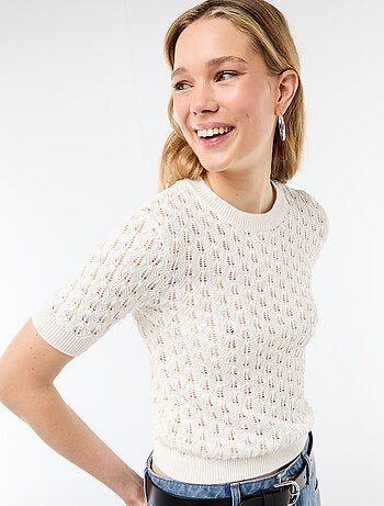 T-shirt a maniche corte in maglia crochet traforata