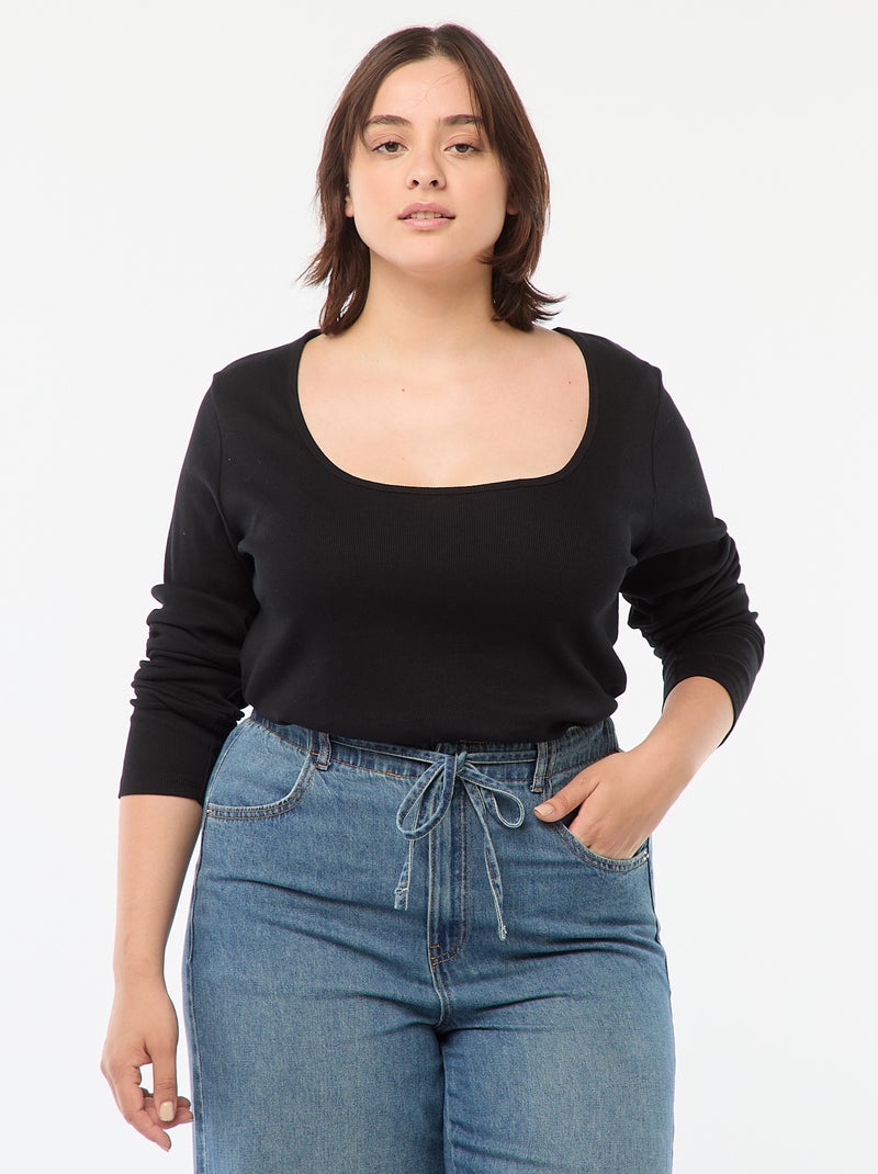 T-shirt a maniche lunghe con bordo a coste nero - Kiabi