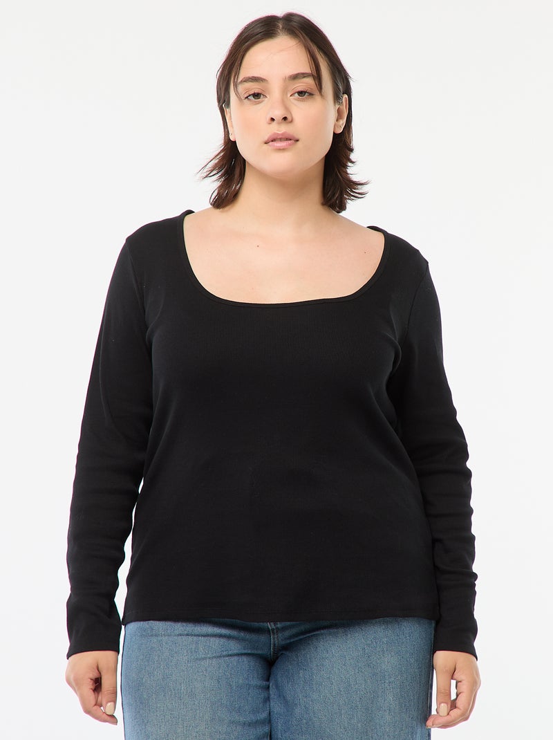 T-shirt a maniche lunghe con bordo a coste nero - Kiabi