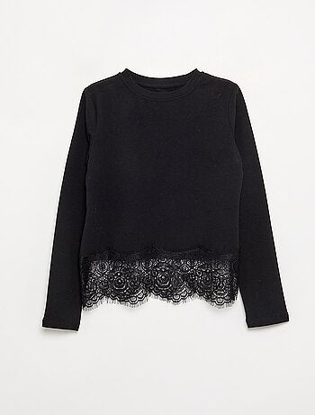 T-shirt a maniche lunghe con bordo in pizzo