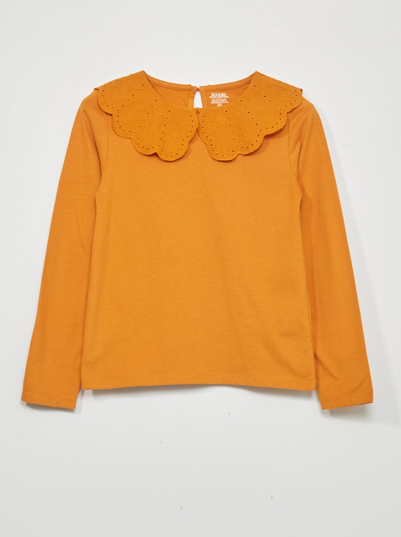 T-shirt a maniche lunghe con ricamo a punto inglese GIALLO - Kiabi