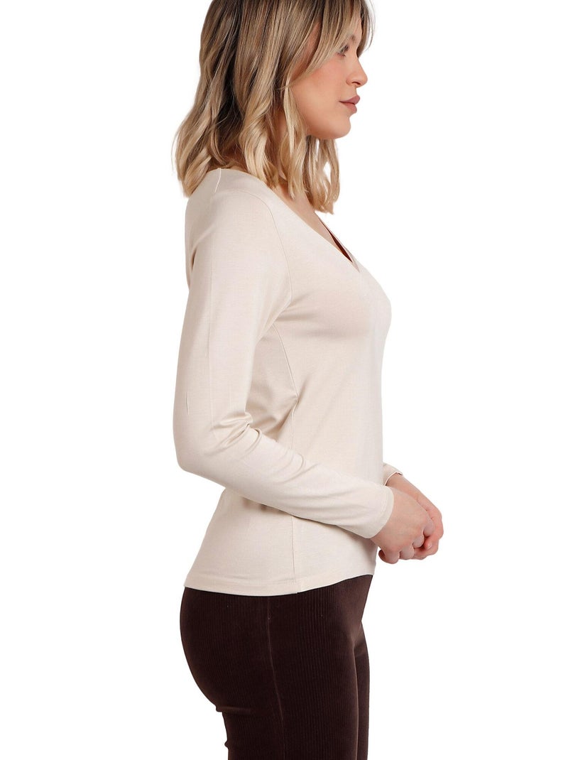 T-shirt a maniche lunghe con scollo a V in raso da donna ADMAS Ecru - Kiabi