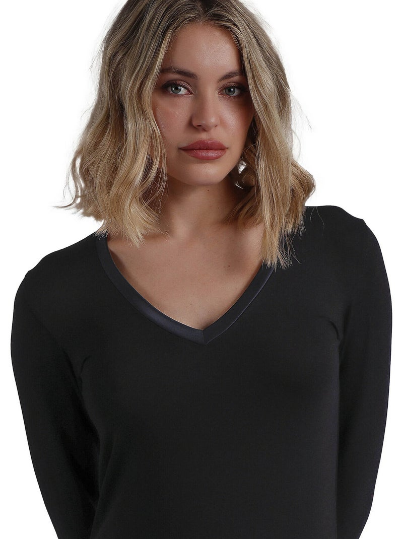 T-shirt a maniche lunghe con scollo a V in raso da donna ADMAS Nero - Kiabi