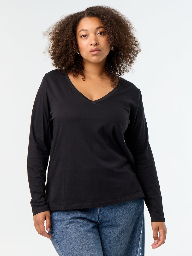 T-shirt a maniche lunghe con scollo a V Nero - Kiabi