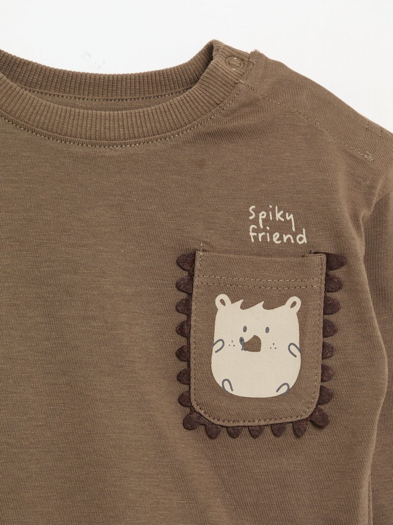 T-shirt a maniche lunghe con tasca animata Marrone - Kiabi
