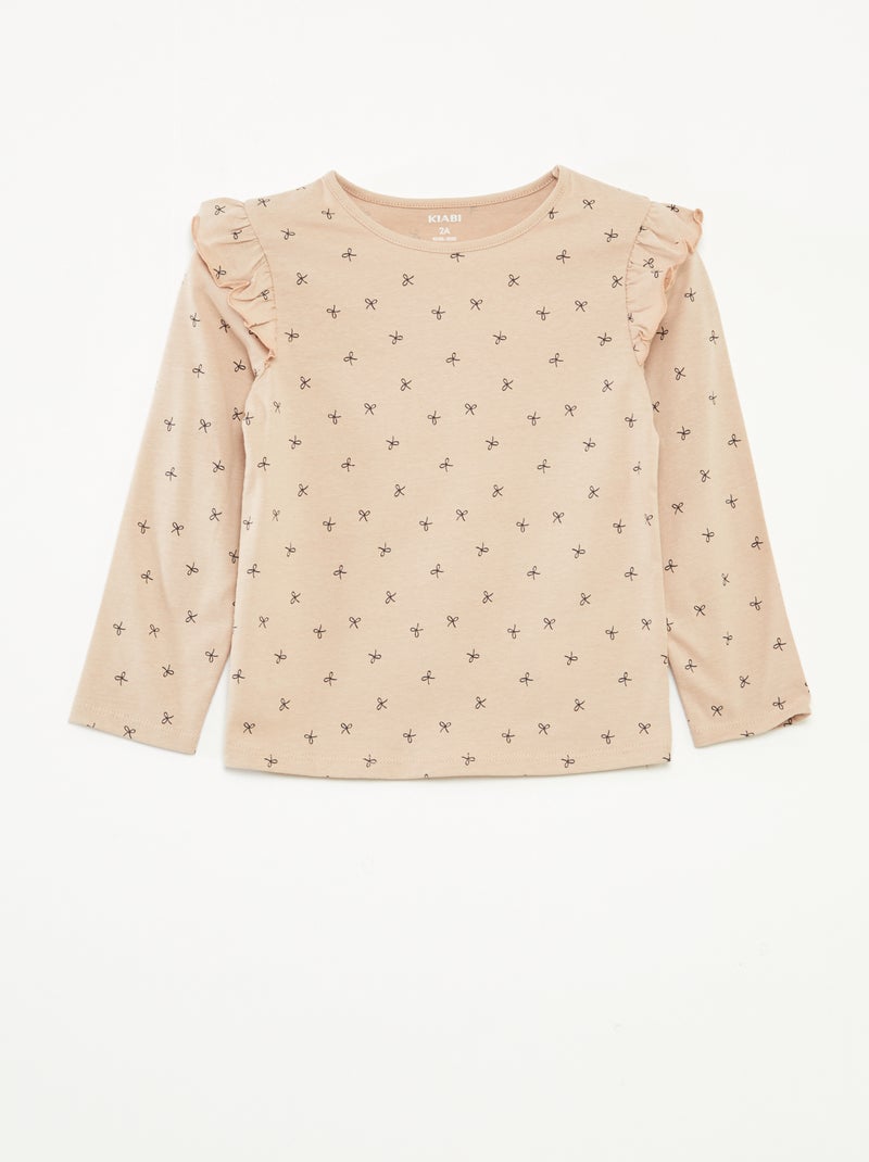 T-shirt a maniche lunghe con volant e motivo Beige - Kiabi