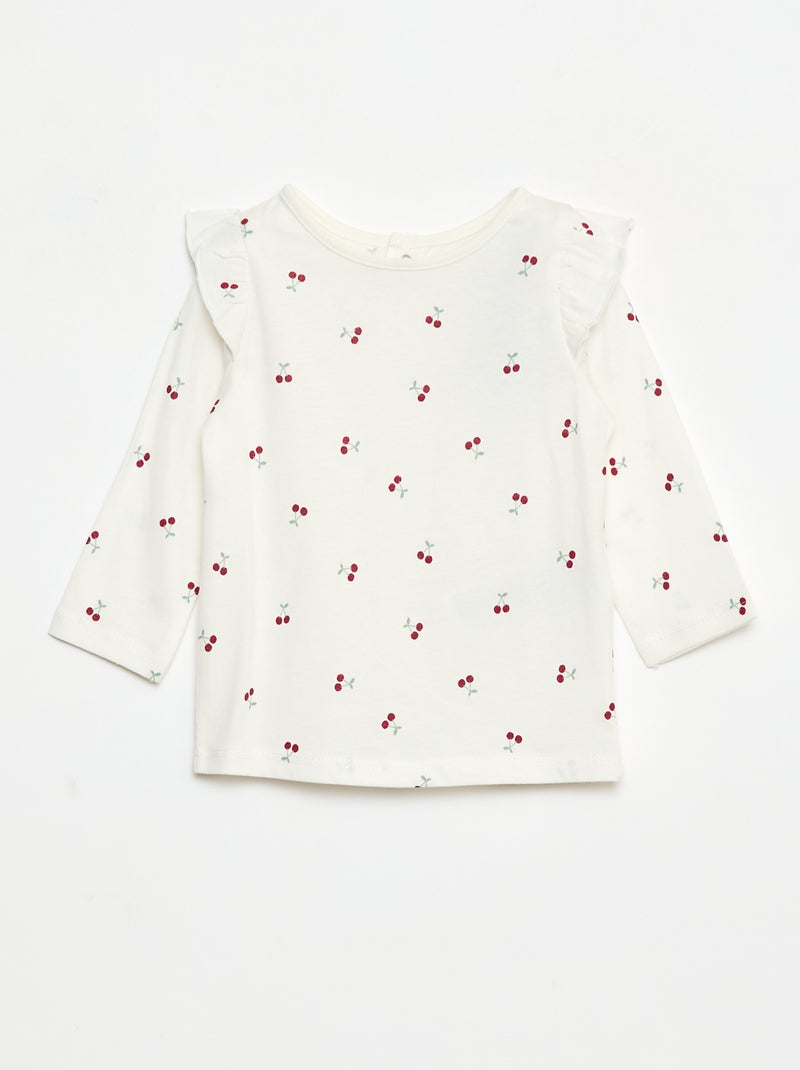 T-shirt a maniche lunghe con volant e motivo Bianco - Kiabi