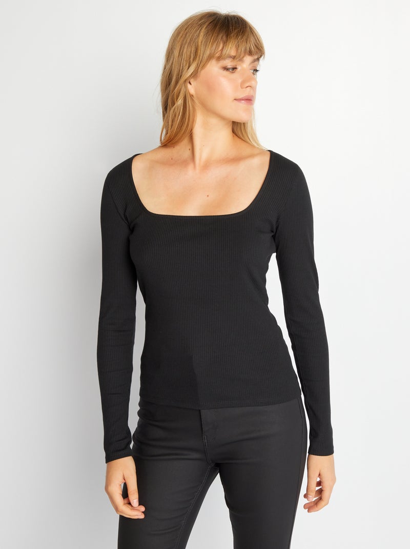 T-shirt a maniche lunghe in maglia a coste nero - Kiabi