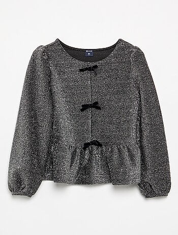 T-shirt a maniche lunghe in maglia brillante con fiocchi