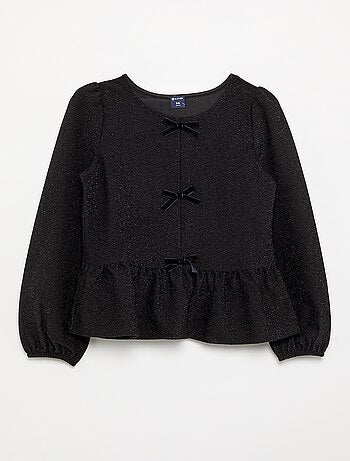 T-shirt a maniche lunghe in maglia brillante con fiocchi