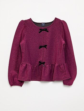 T-shirt a maniche lunghe in maglia brillante con fiocchi