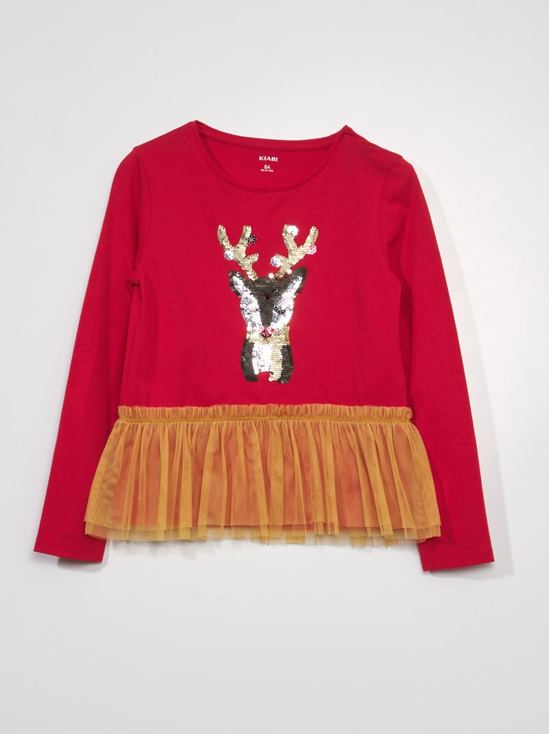 T-shirt a maniche lunghe + volant Rosso - Kiabi