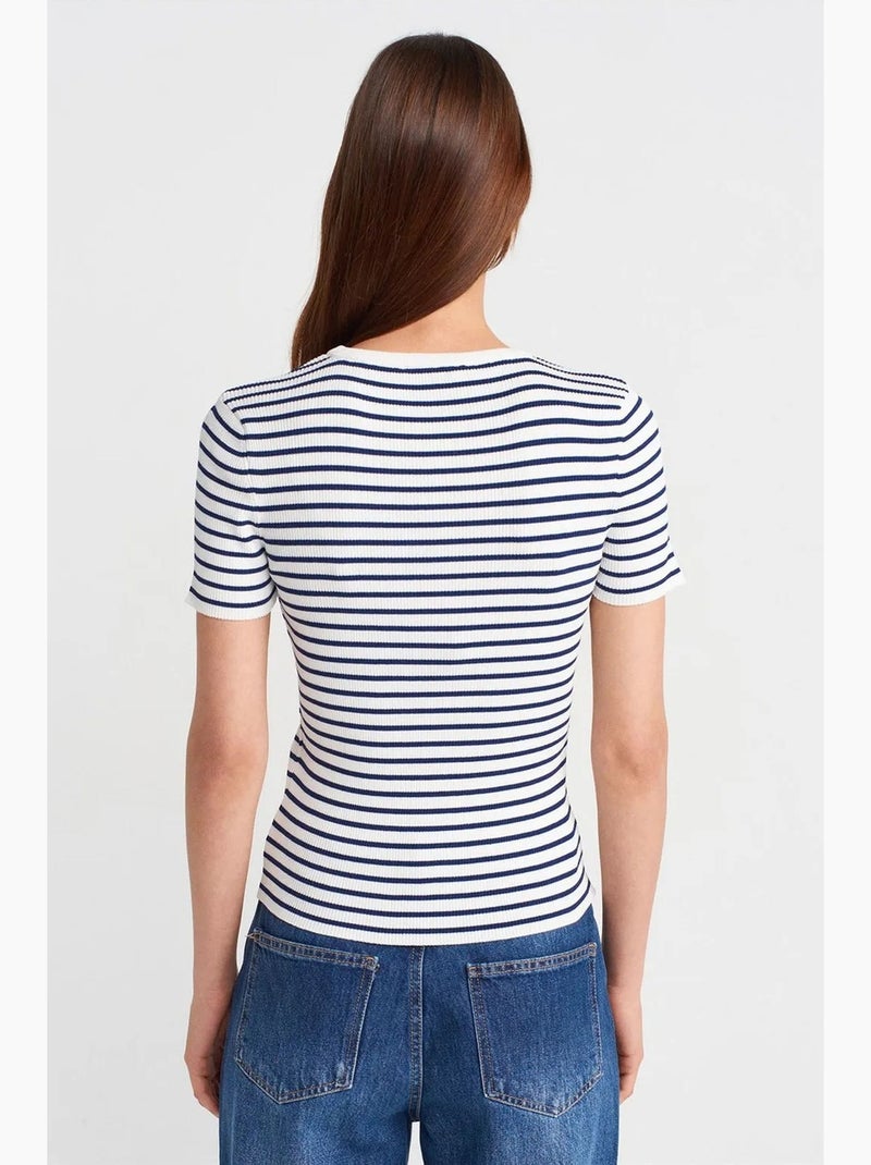 T-shirt a righe maglia a costine manica corta dilvin Bianco Blu - Kiabi