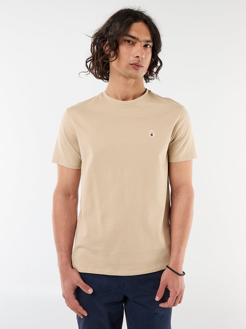 T-shirt a tinta unita a maniche corte con ricamo Beige - Kiabi