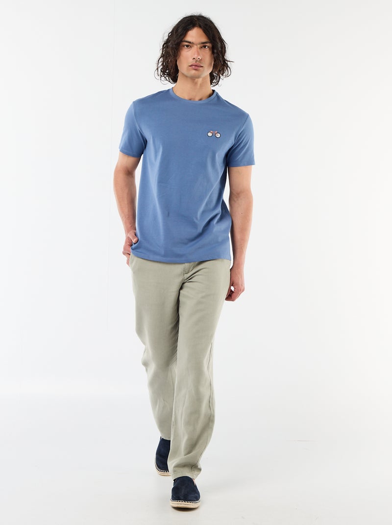 T-shirt a tinta unita a maniche corte con ricamo Blu - Kiabi