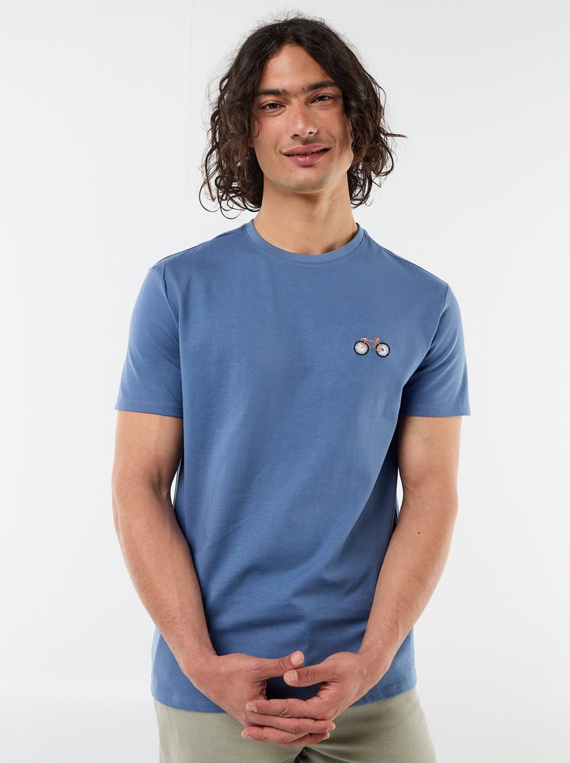 T-shirt a tinta unita a maniche corte con ricamo Blu - Kiabi