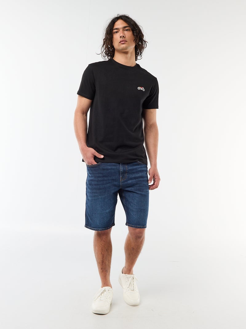 T-shirt a tinta unita a maniche corte con ricamo Nero - Kiabi