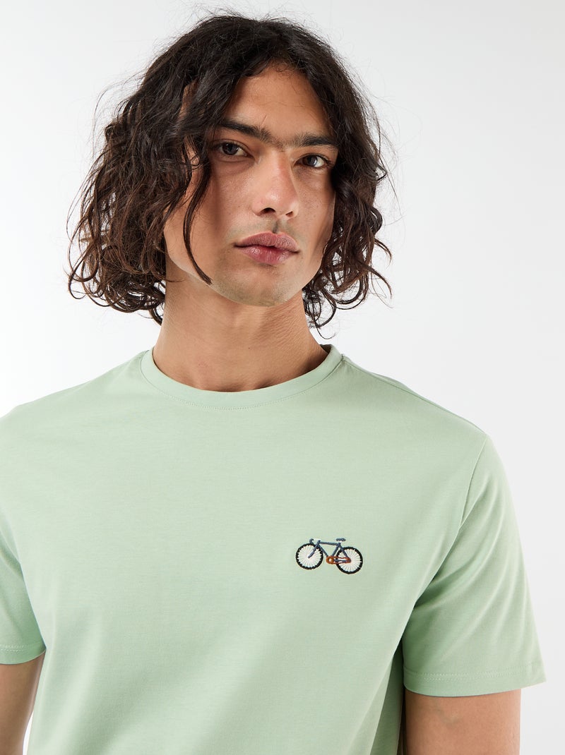 T-shirt a tinta unita a maniche corte con ricamo Verde - Kiabi