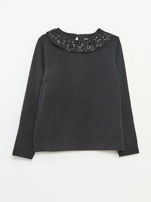 T-shirt a tinta unita con ampio collo a volant e paillettes - Kiabi