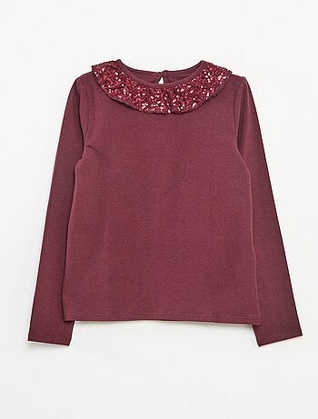 T-shirt a tinta unita con ampio collo a volant e paillettes
