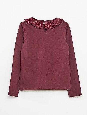 T-shirt a tinta unita con ampio collo a volant e paillettes
