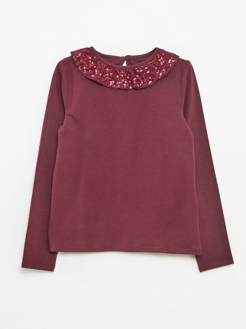 T-shirt a tinta unita con ampio collo a volant e paillettes - Kiabi