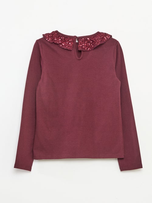 T-shirt a tinta unita con ampio collo a volant e paillettes - Kiabi