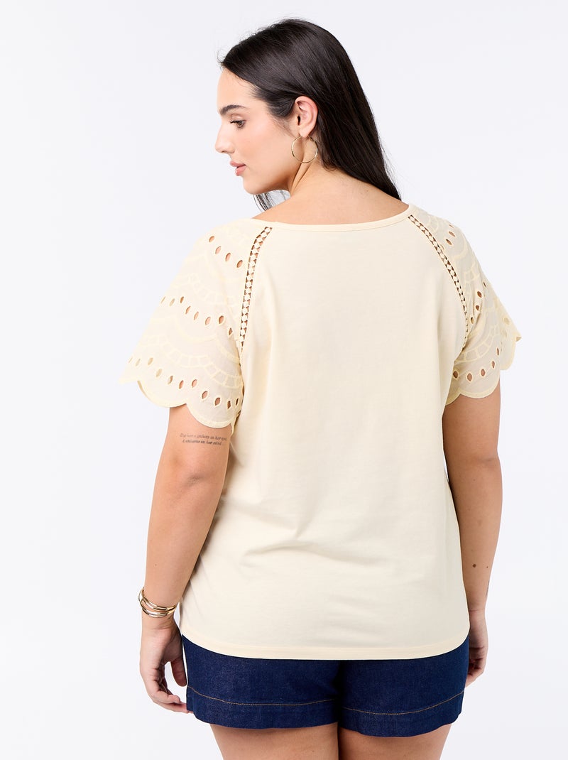 T-shirt a tinta unita con ricami sulle maniche Beige - Kiabi