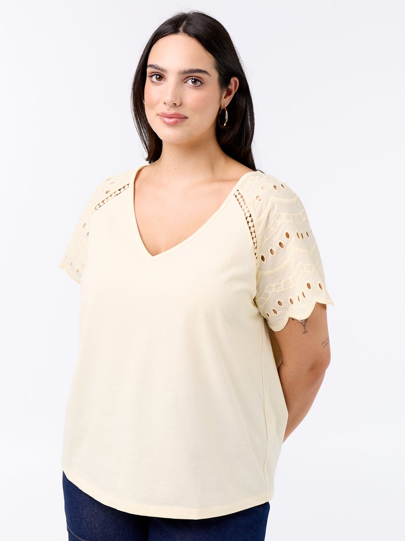 T-shirt a tinta unita con ricami sulle maniche Beige - Kiabi