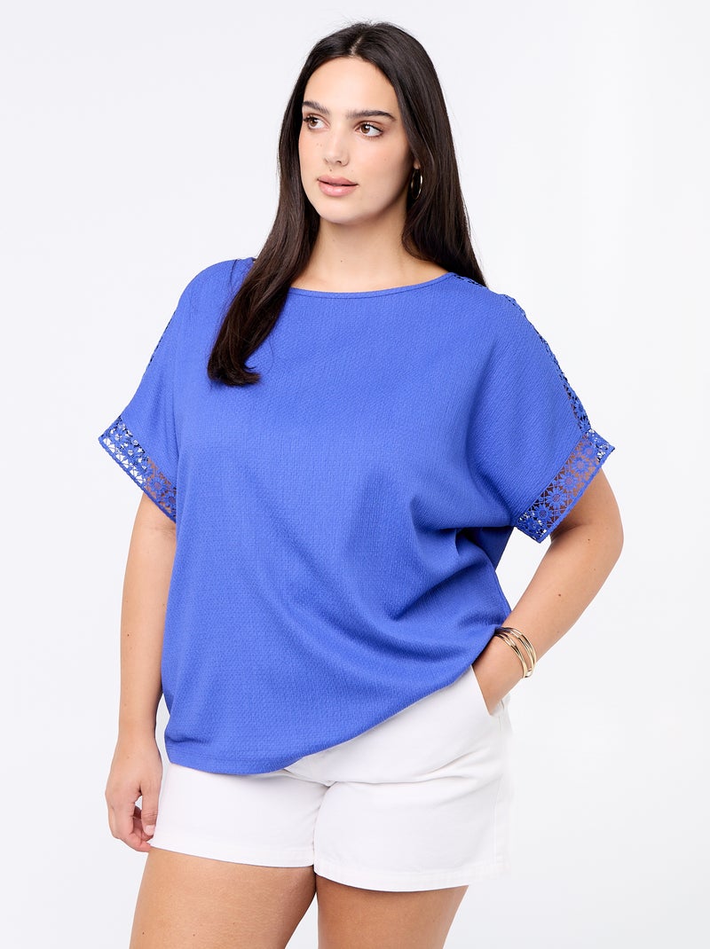 T-shirt a tinta unita con ricamo e macramè sulle maniche Blu - Kiabi