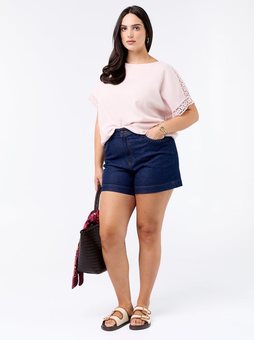 T-shirt a tinta unita con ricamo e macramè sulle maniche - Kiabi