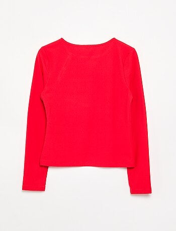 T-shirt a tinta unita in maglia a costine con spalla abbottonata